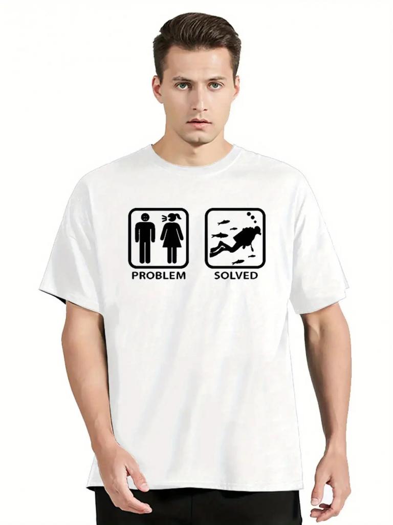 Men's & Women's Oversized Cotton T-Shirt - Funny Diving Problem Solved Graphic Tee with Male/Female Symbols & Diver Design