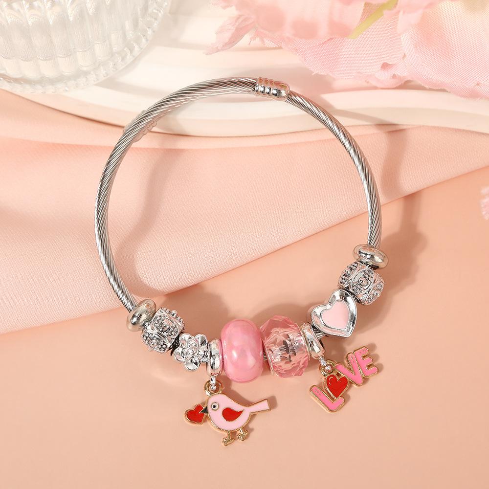 Cute Cartoon Bear Angel Heart Beaded Bracelet Stainless Steel Valentine Gift for Her Girlfriend Women