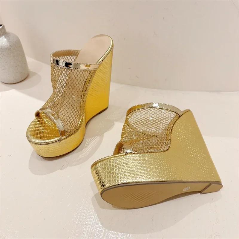 Fashion Eilyken Gold Silver Platform Wedges Women Slippers Design Style Mesh Fabric Open Toe Wedding Banquet High Heels Shoes