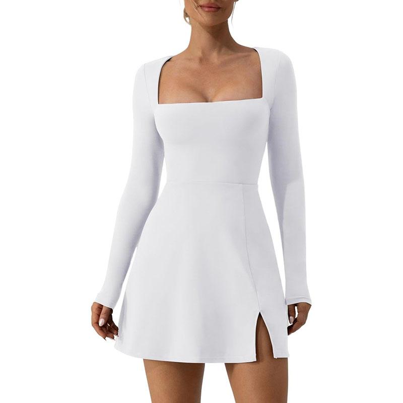 Womens Square Neck Bodice Dress Long Sleeve Side Slit Flare Mini Dresses