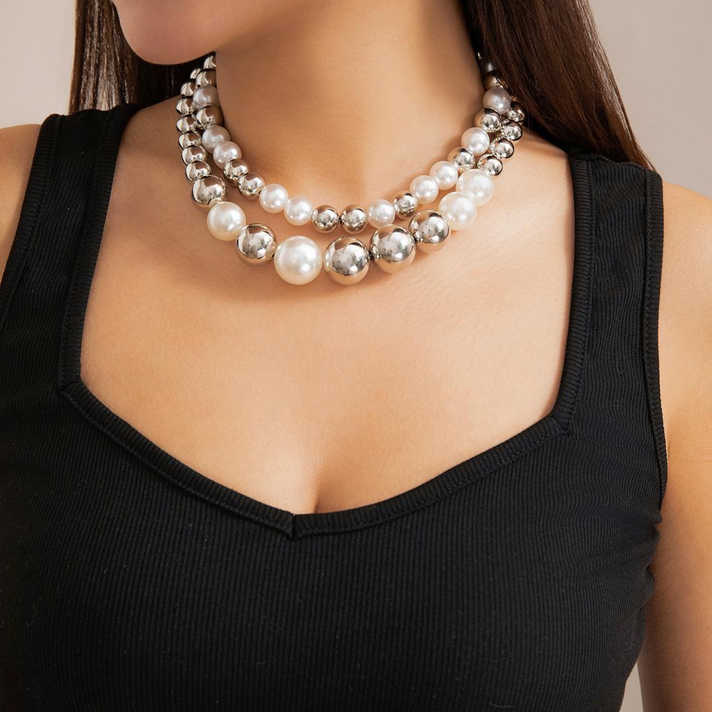 European and American jewelry, exaggerated cyberstyle multi-layer round bead stacking necklace, simple and personalized beaded necklace