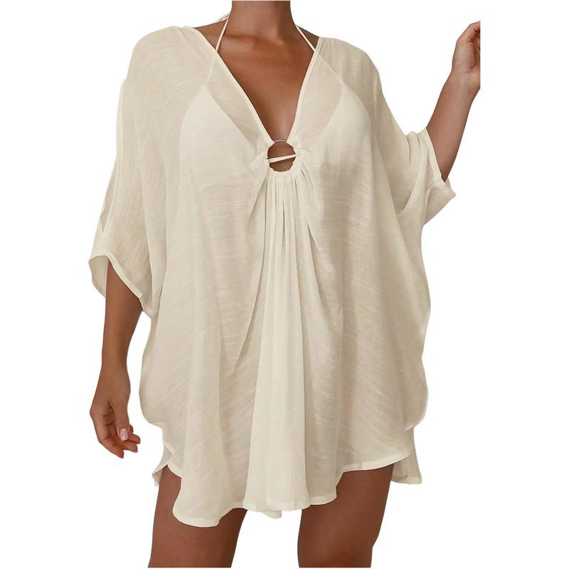 

JKASHDK Женская Мода Повседневная Летняя Весенняя Однотонная Блузка с V-образным вырезом и рукавами 1/2 Size: One Size абрикосовый