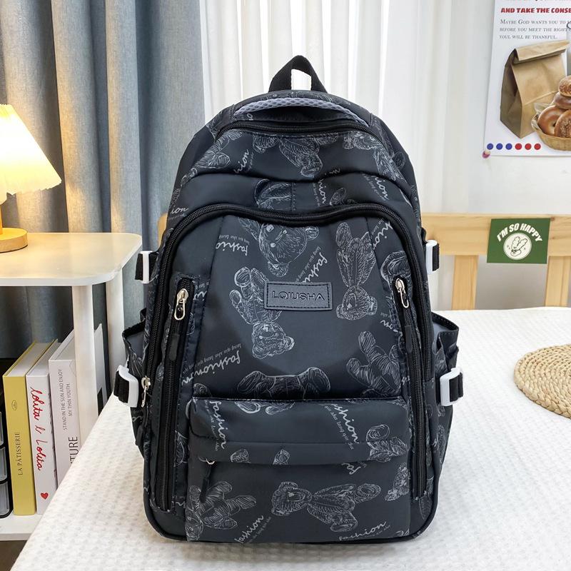 School bag for female junior high school students, simple and versatile printed bear niche design, college student computer backpack tide