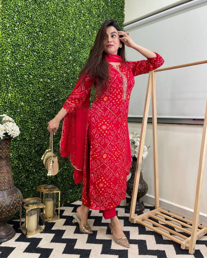 Bollywood Red Kurti Women Cotton Rayon Top Tunic Kurta Pant Dupatta Set Dress