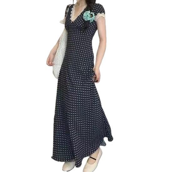 Mori style splicing polka dot lace V-neck long dress summer dress women's small temperament slim waist A-shaped skirt