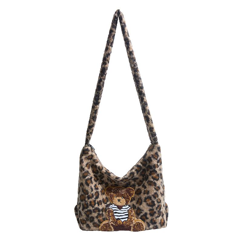 Autumn and Winter New Plush Leopard Print Tote Bag Furry Large-capacity Shoulder Bag for Women Cute Lazy Style Crossbody Bag