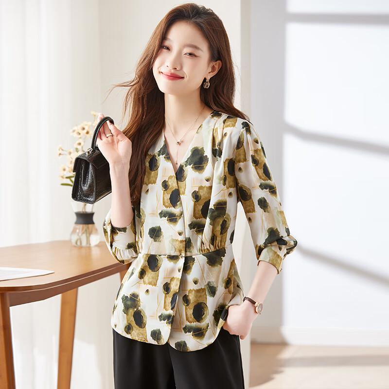 Women's Floral V-Neck Long-Sleeve Business Shirt