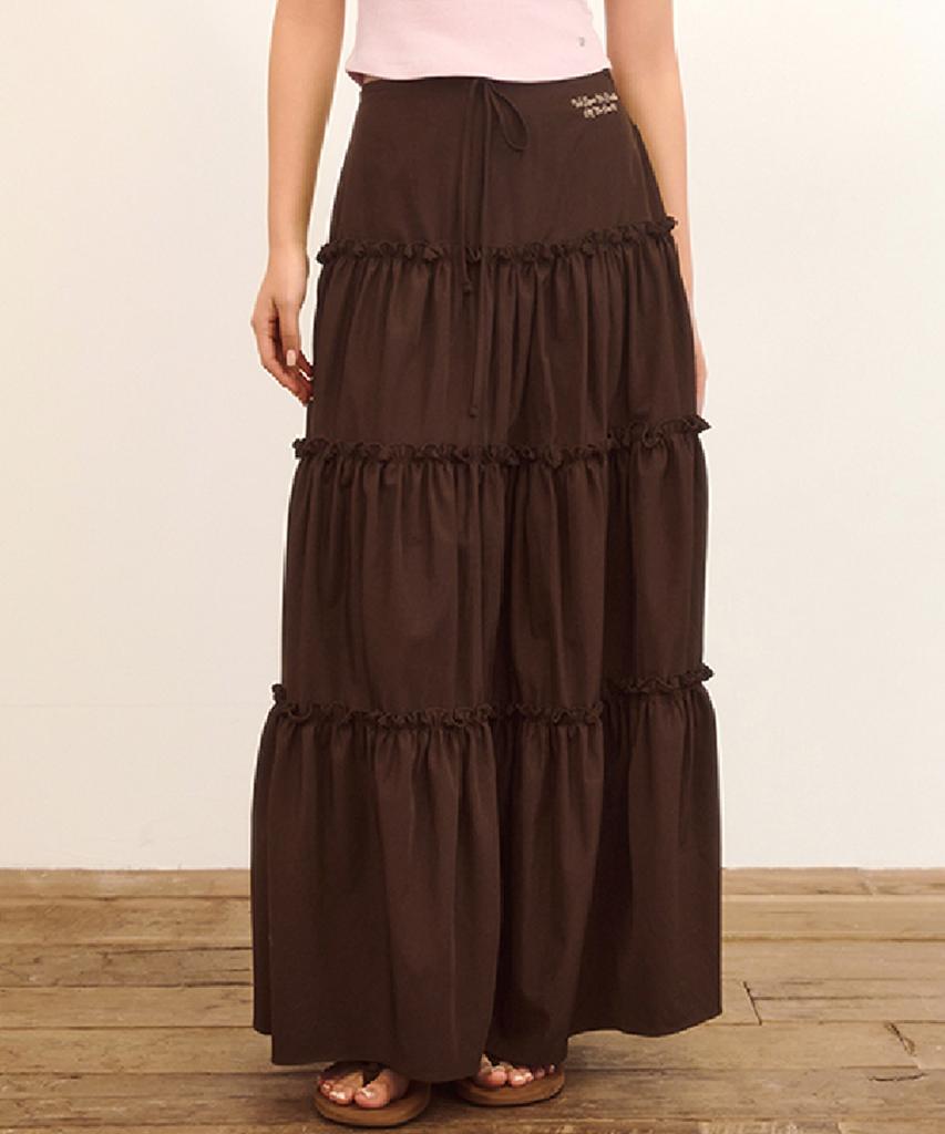NAKED SURF CLUB Shirred Tiered Long Skirt (Brown)