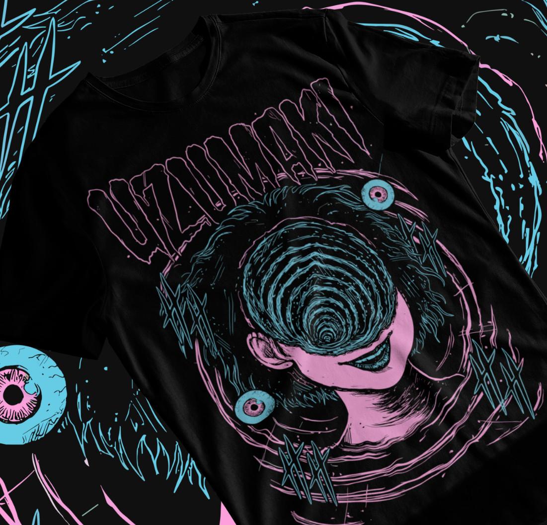 Junji Ito Uzumaki T-shirt Japan Guro Horror Anime Manga Black Shirt Soft Tee XL