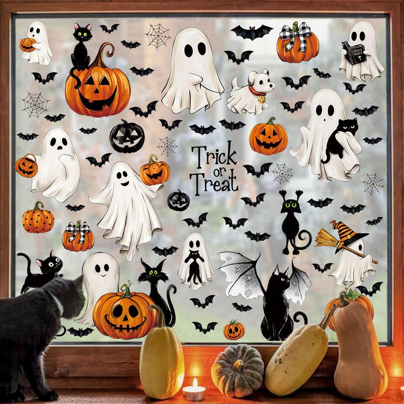 Cross-border new Halloween white ghost glass window decorative window sticker bat pumpkin window decal