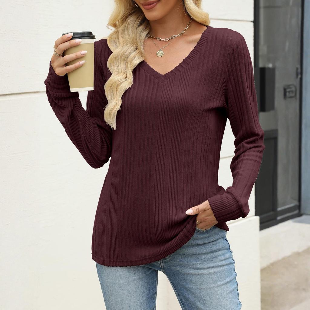 Damen Modisches Einfarbiges V-Ausschnitt Langarm Lässiges Lockeres Oberteil