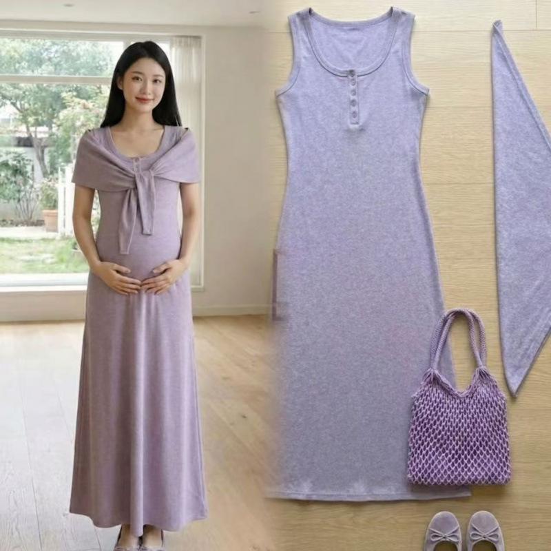 2026 Summer Korean Style Maternity Nursing Dress with Shawl - Slim Fit & Elastic M