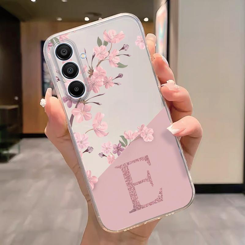For Samsung Galaxy M35 A06 A07 A17 A16 A56 A55 M55 5G Letter Pink Flowers Fashion Phone Cover Soft Silicone Fundas Transparent