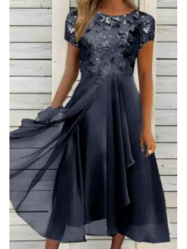 2026 Women's Chiffon Patchwork Print Dress: Round Neck, Short Sleeve, Wide Hem Skirt