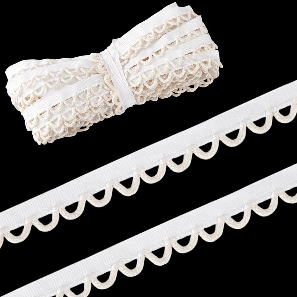 PH PandaHall 10 Yards Cotton Petite Braid Trim with Loop 5/8 inch Buttonhole Ribbon Braid Trim White Buttonhole Lace Trim for Wedding Bridal Dress