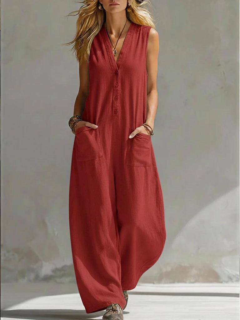 2026 European-American Double Pocket Linen Cotton Sleeveless Casual Jumpsuit
