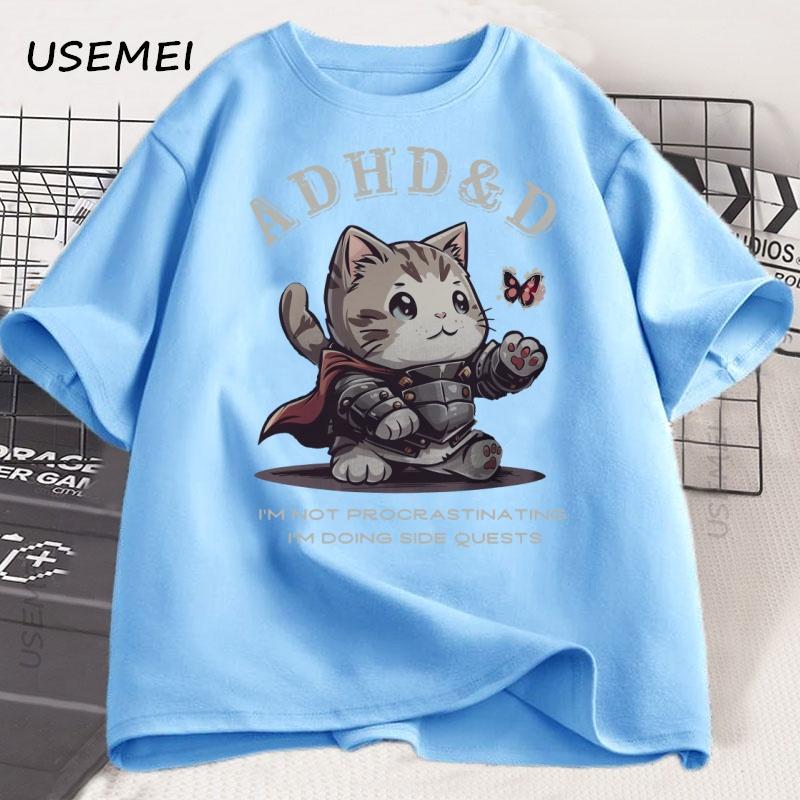 ADHD&D I'm Not Procrastinating Cat T-shirt Funny Graphic Printed Tshirts Cotton Short Sleeve Summer Loose Tees Oversized Tops