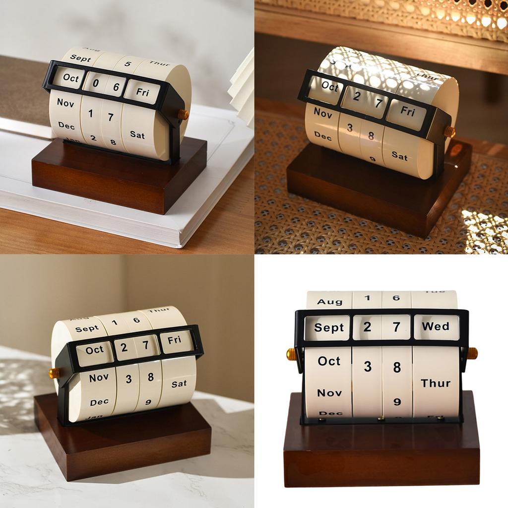 Rotary Calendar Desk Calendar Wood Wheeling Calendar Month Week Day Date Display for Home and Office