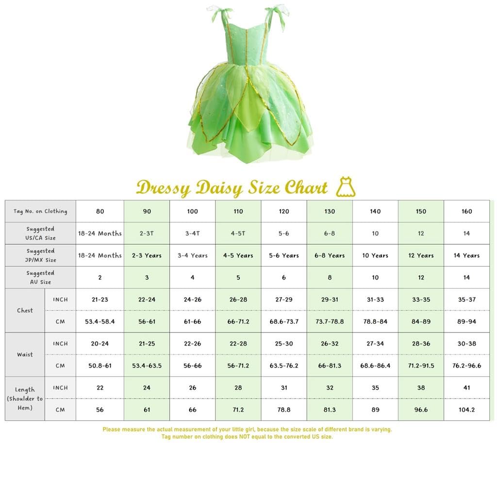 Toddler Girls Tinkerbell Costume Cosplay Dress Set Kids Princess Fairy Fancy Dress Halloween with Wings Green Size Years Old 120 [Dressy Daisy] 6-8