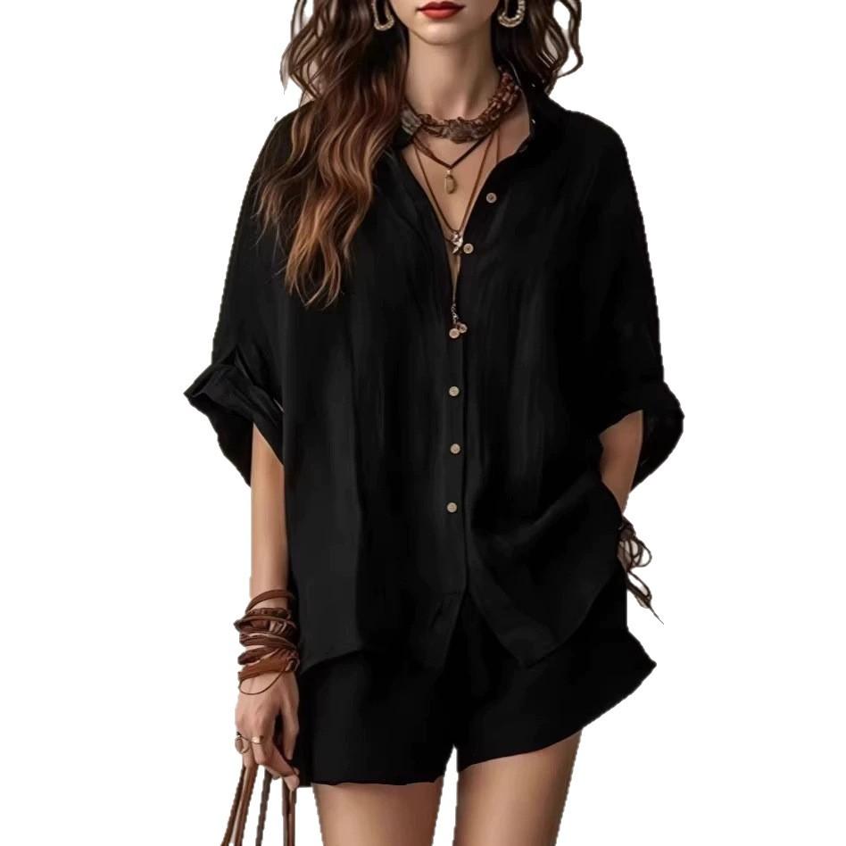 Women's 1116 High-quality Linen New Loose-breasted Shirt Shorts Fashion Casual Suit Large-size Shirt Suit