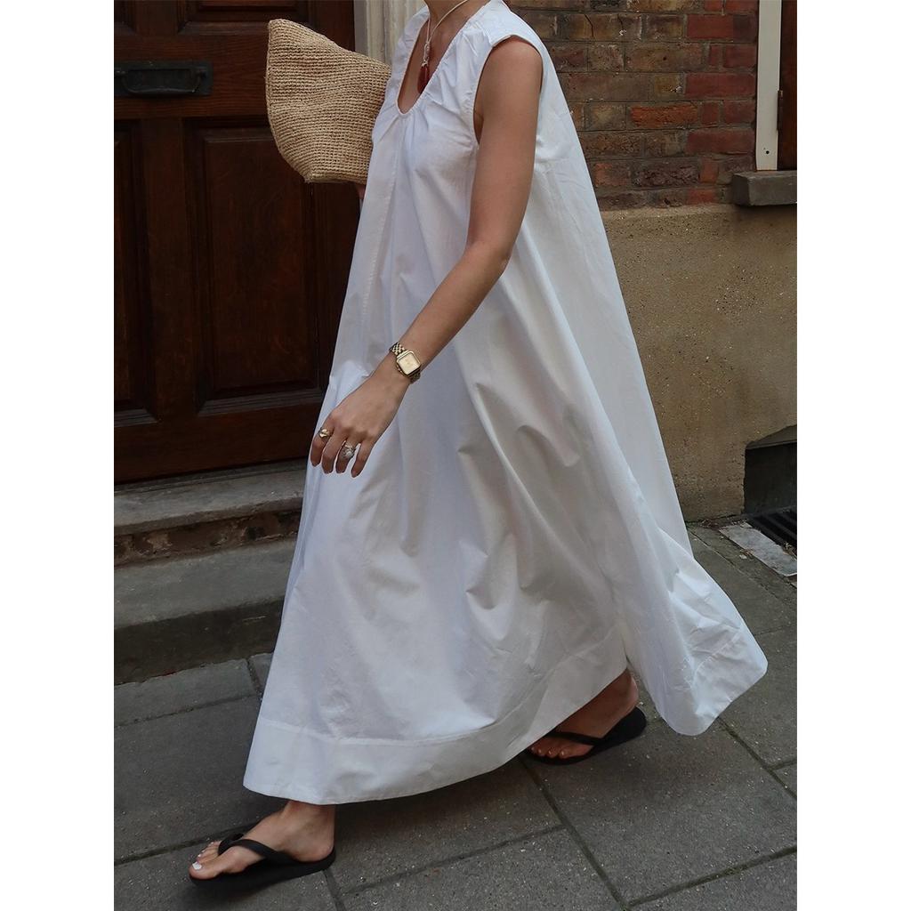 Summer New 100% Cotton Sleeveless U-Neck Loose Long Dress, Casual Vacation Dresses for Women, European and American Style
