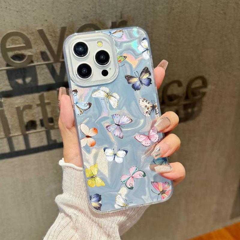 Butterfly Print Soft Edge Slim Clear Phone Case For iPhone 16 Pro 15 Pro Max 14 13 12 11 Glitter Feather Shockproof Sparkling Hard PC Back Cover