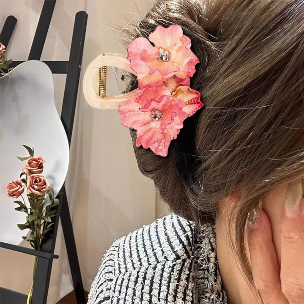 Hair Claw 3D Imitation Flower Rhinestones Decor Hair Clip Back Head Anti-slip Teeth Design Shark Hair Clip Streetwear