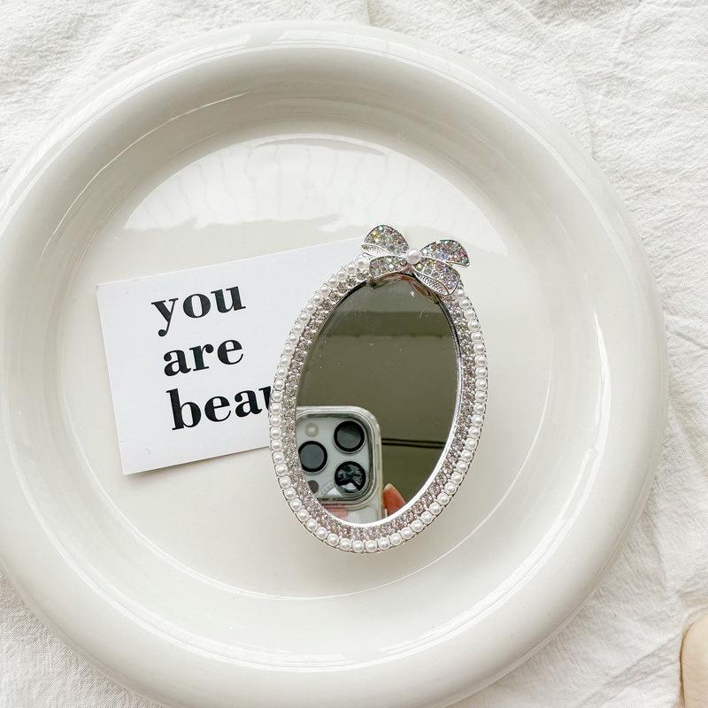 Rhinestone Bow Oval Mirror Sticker Mobile Phone Airbag Bracket Back Sticker Retractable Portable Makeup Mirror