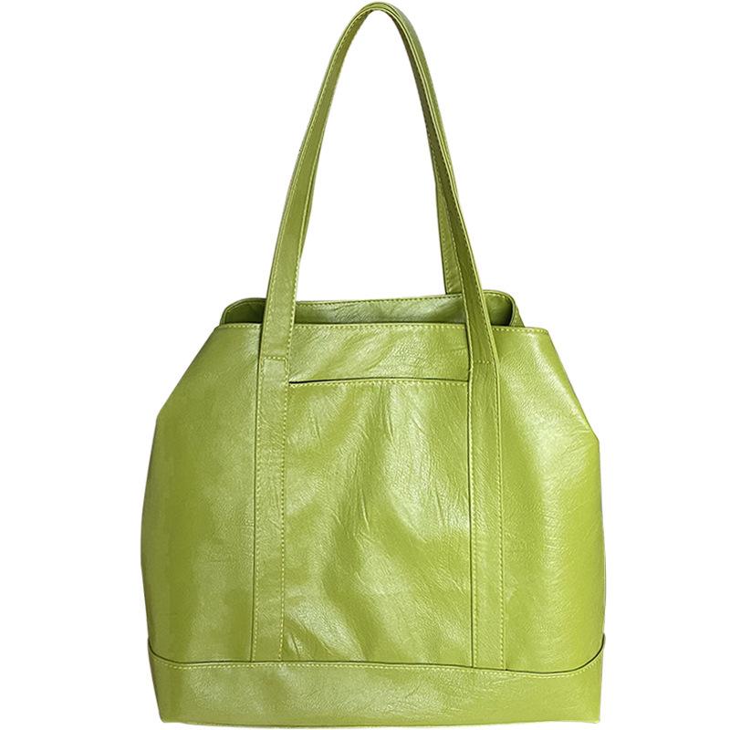 Versão Coreana Bolsa Tote de Grande Capacidade em PU Macio Verde Abacate para Início da Primavera Bolsa de Viagem para Deslocamento Ins Bolsa de Ombro Branco Creme