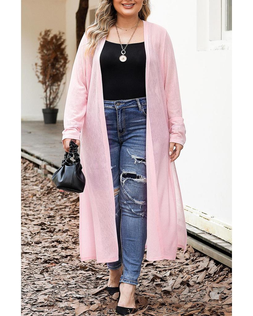 Azura Exchange Pink Sheer Knitted Long Side Slit Plus Size Cardigan