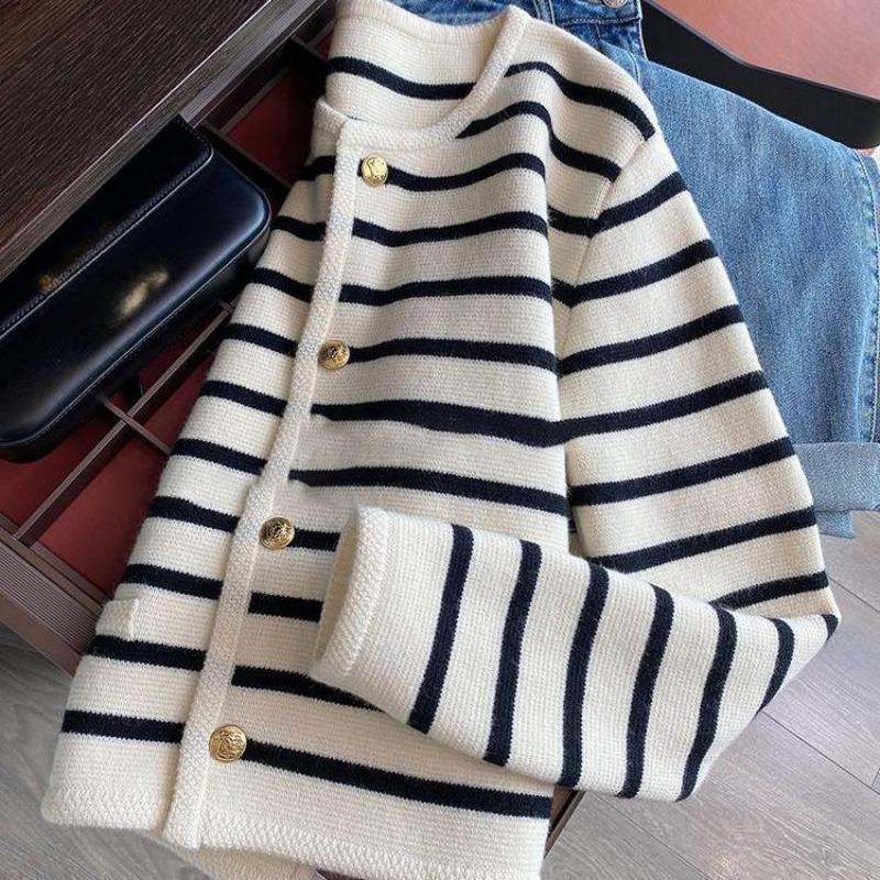 Casual Striped Small Fragrance Knitted Cardigan Women's Autumn Outer Wear Short Sweater