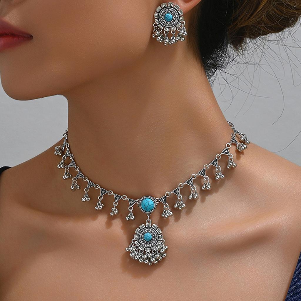 Moda Stile Etnico Indiano Set da 2 Pezzi in Zircone di Cristallo per Donne Collana Choker con Perline Metalliche e Nappa Orecchini Set in Zircone