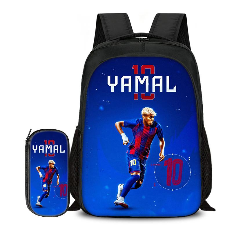 2-delige Set Boekentas Etui Schooltassen L-Lamin Yamal Kinderen School Dubbellaags Rugzak Voetbalster Voetbal Sport Mochila
