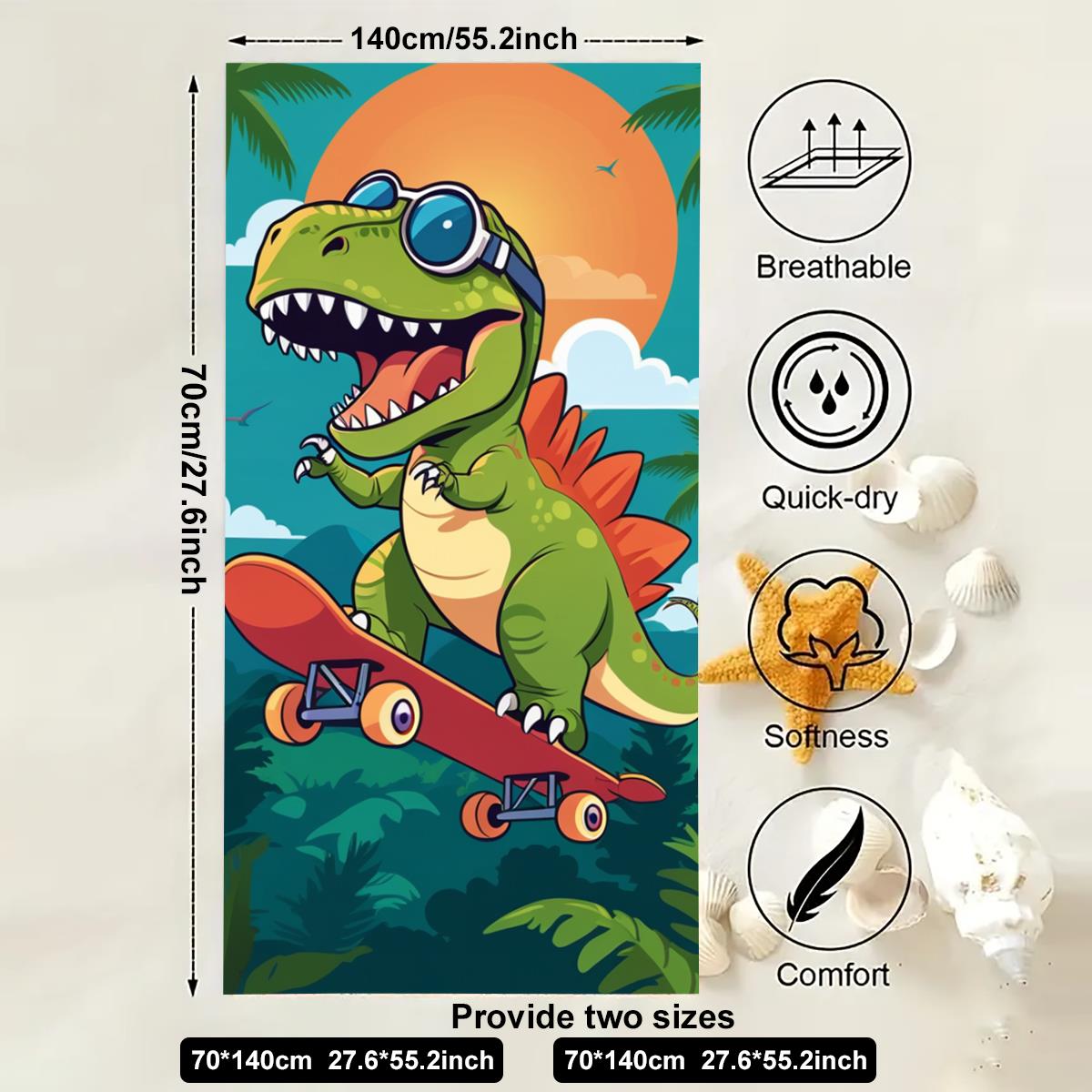 

Пляжное полотенце Мультяшное полотенце-одеяло с принтом динозавра Полотенце для взрослых детей Мягкое Впитывающее воду Дышащее Банное полотенце для лета 70x140cm