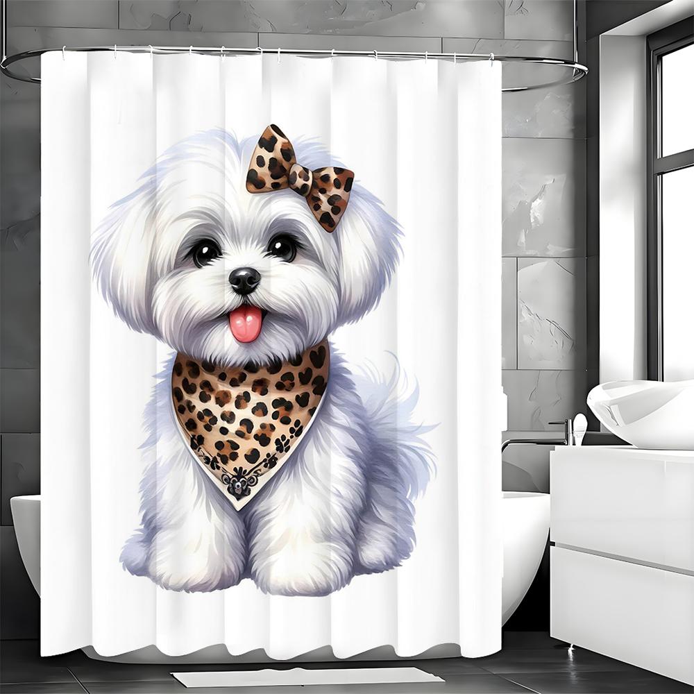 Cute Dog Bow Scarf Shower Curtain, Bathroom Decorative Shower Curtain, Waterproof Shower Curtain with Hooks