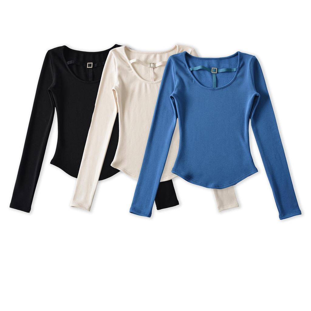 Spicy Girl Diamond Buckle Hollow U-Neck Plus Velvet Long-Sleeved Slim-Fit Top for Women - Stylish for Spring, Autumn & Winter