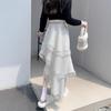 White Lace High-Waist Midi Skirt for Women - Early Autumn Asymmetric Tiered Cake Skirt with Ruffle Details & Design Sense