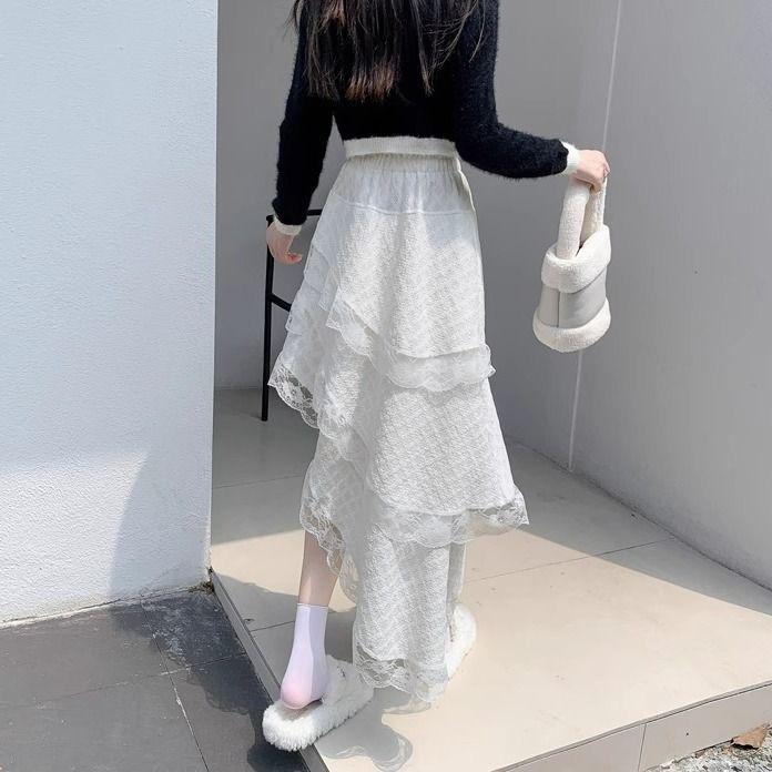 White Lace High-Waist Midi Skirt for Women - Early Autumn Asymmetric Tiered Cake Skirt with Ruffle Details & Design Sense