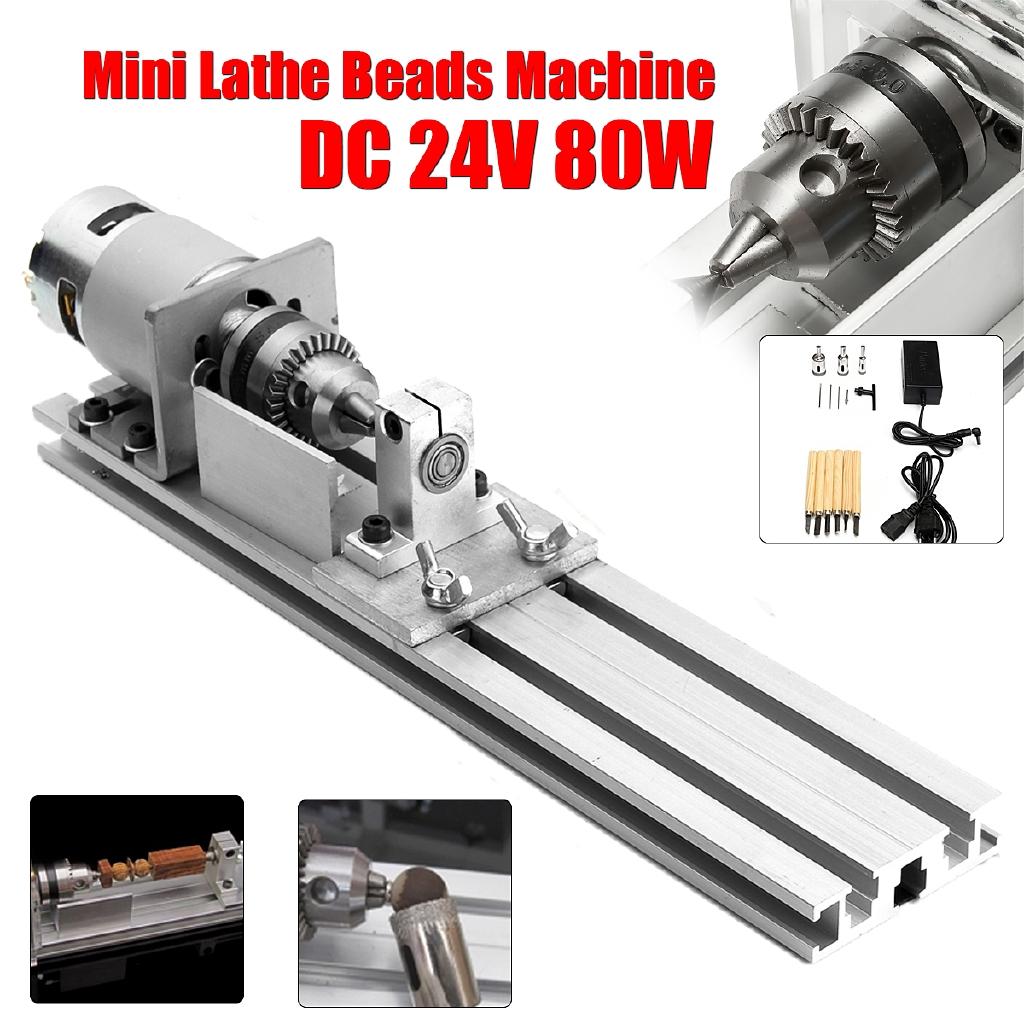 24V Mini Lathe Beads Machine Woodworking DIY Lathe Engraver Set 80W Grinder Polishing Cutting Drill Rotary +Power Supply