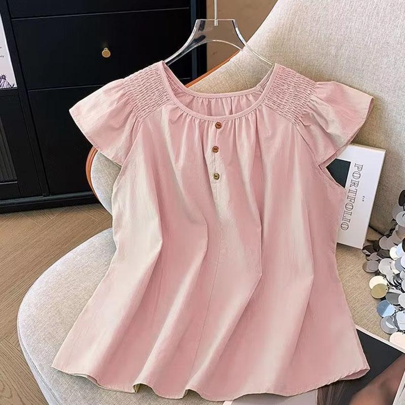 Женская летняя рубашка с коротким рукавом дофаминовая новая французская с воланами элегантная с круглым вырезом облегающая блузка модный топ S розовый