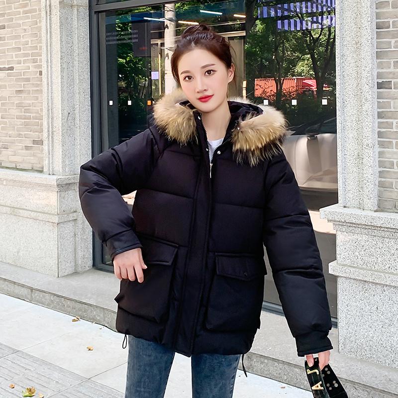 Women's Autumn Winter Hooded Solid Color Fur Collar Pocket Parka Zipper Loose Short Cotton Coat