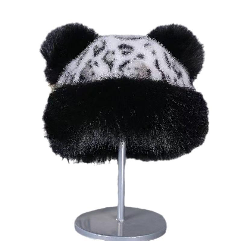 Leopard print plush Mongolian hat for children 2025 new autumn and winter thick warm plush hat fashionable atmosphere ear protection hat чёрный