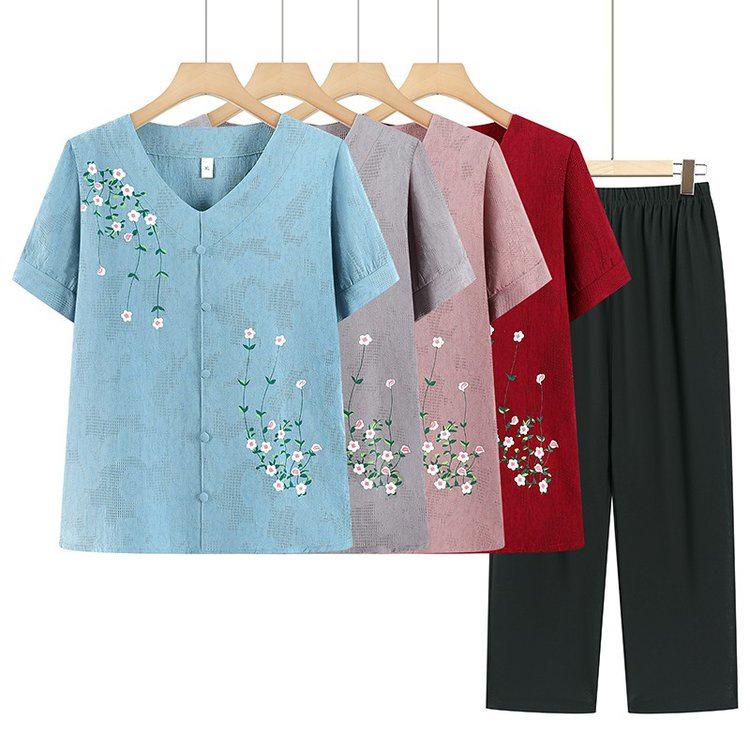 

Summer Two-Piece Set for Middle-Aged and Elderly Women: Short-Sleeved T-shirt and Top. 2XL
