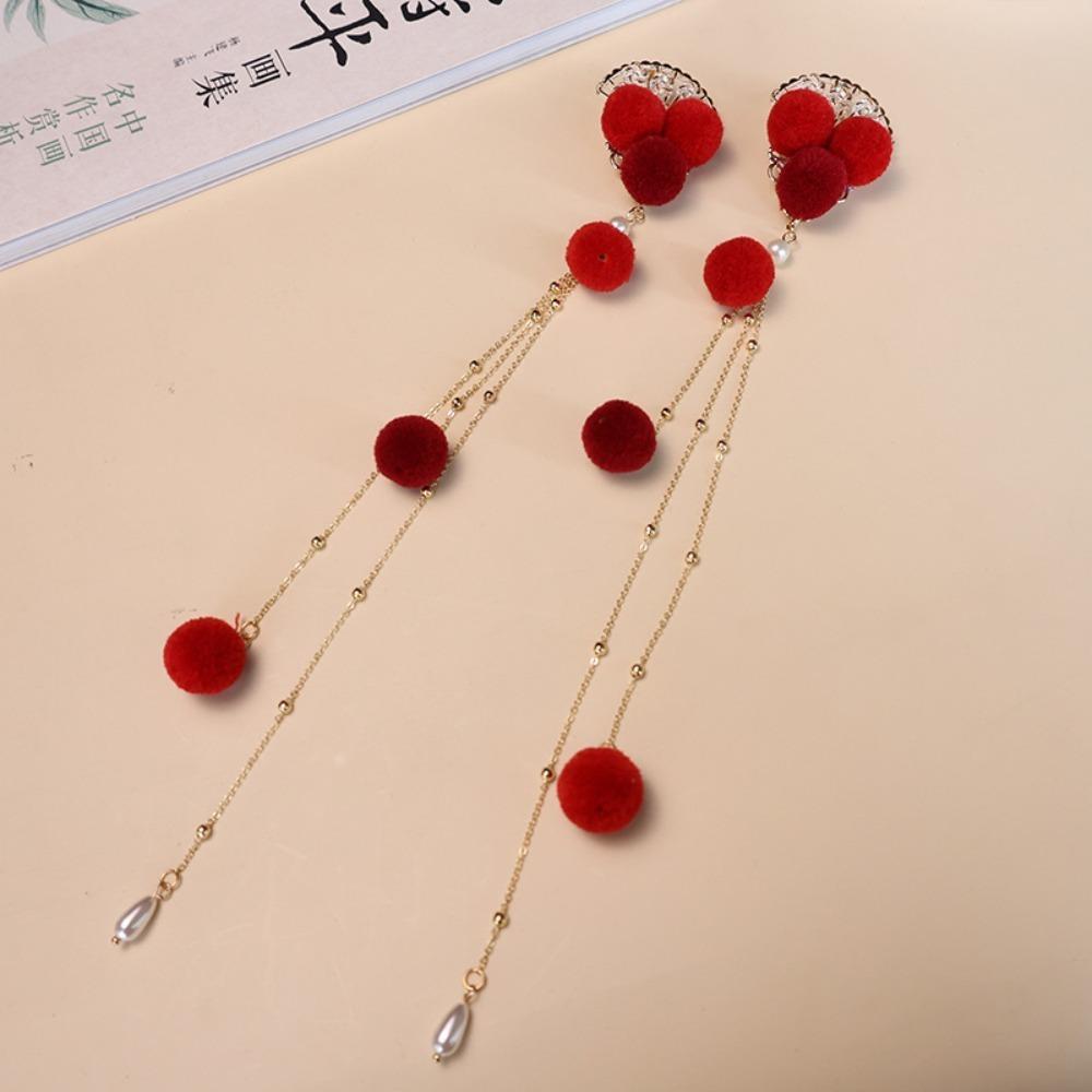 Fuzzy Ball Hanfu Hair Clip Pearl Girl Headdress Festive Chinese New Year Side Clip Photo Props