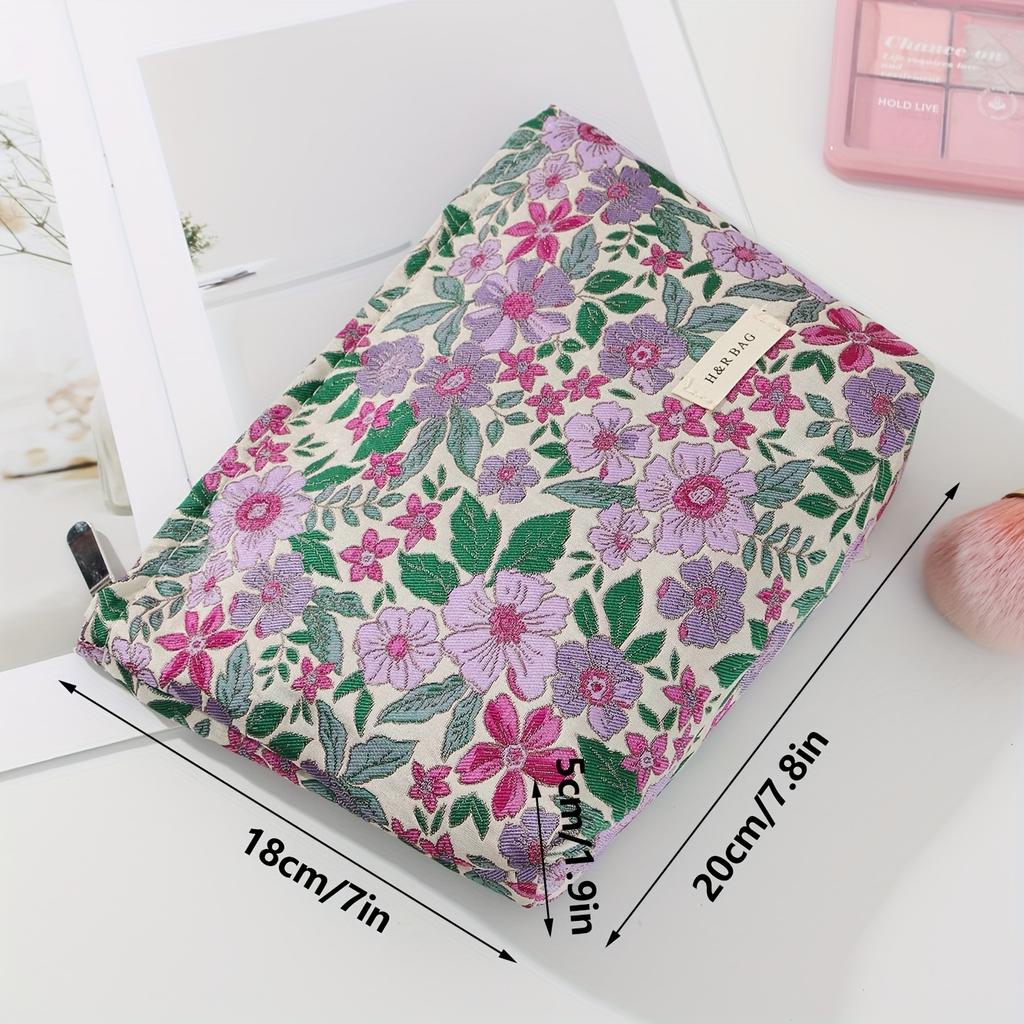 Large Capacity Cosmetic Bag with Purple Flower Print, Travel Makeup Organizer & Brush Pouch, Wash Bag Gift for Women Students