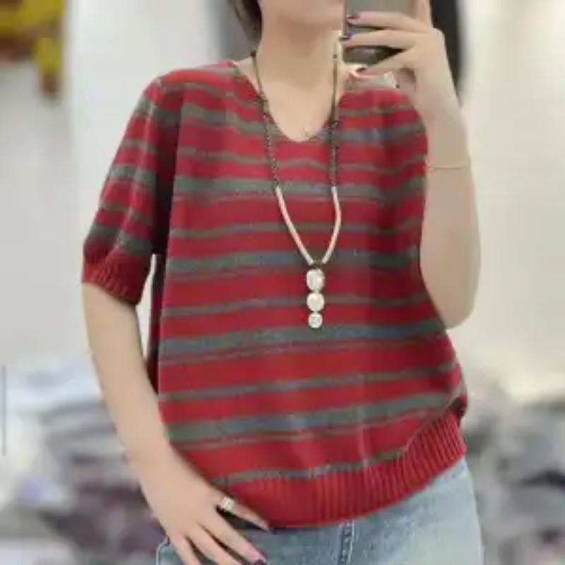 

Women s Green Striped V-Neck Half Sleeve Knit Top Loose Casual Comfortable Daily Blouse M червоний
