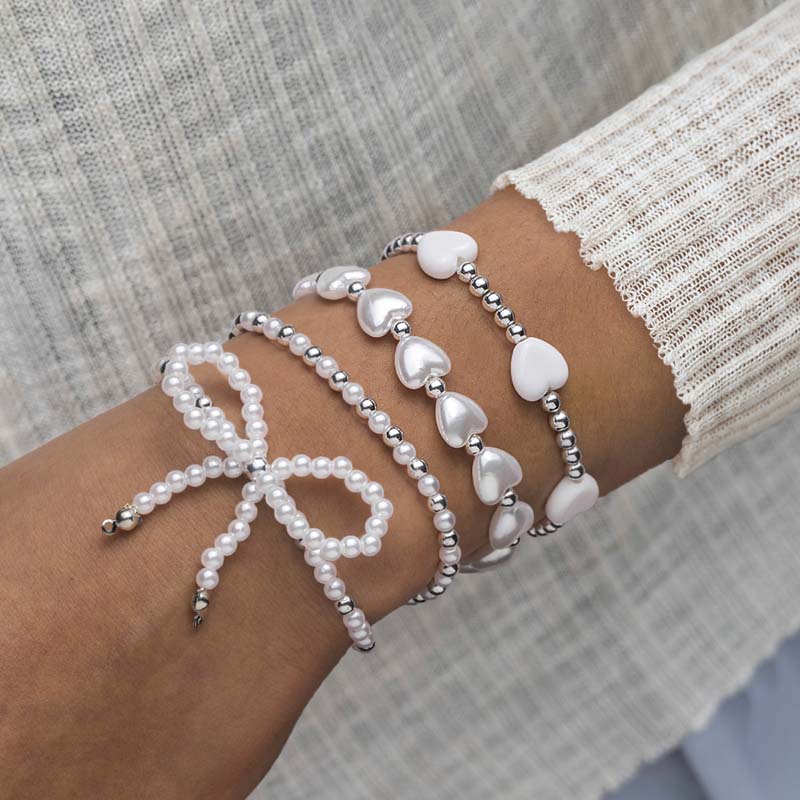 4Pcs/Set Vintage Gold Color Heart Pearl Bowknot Bracelet Set for Women Elegant Beaded Chain Bracelets Bangles Zircon Gifts