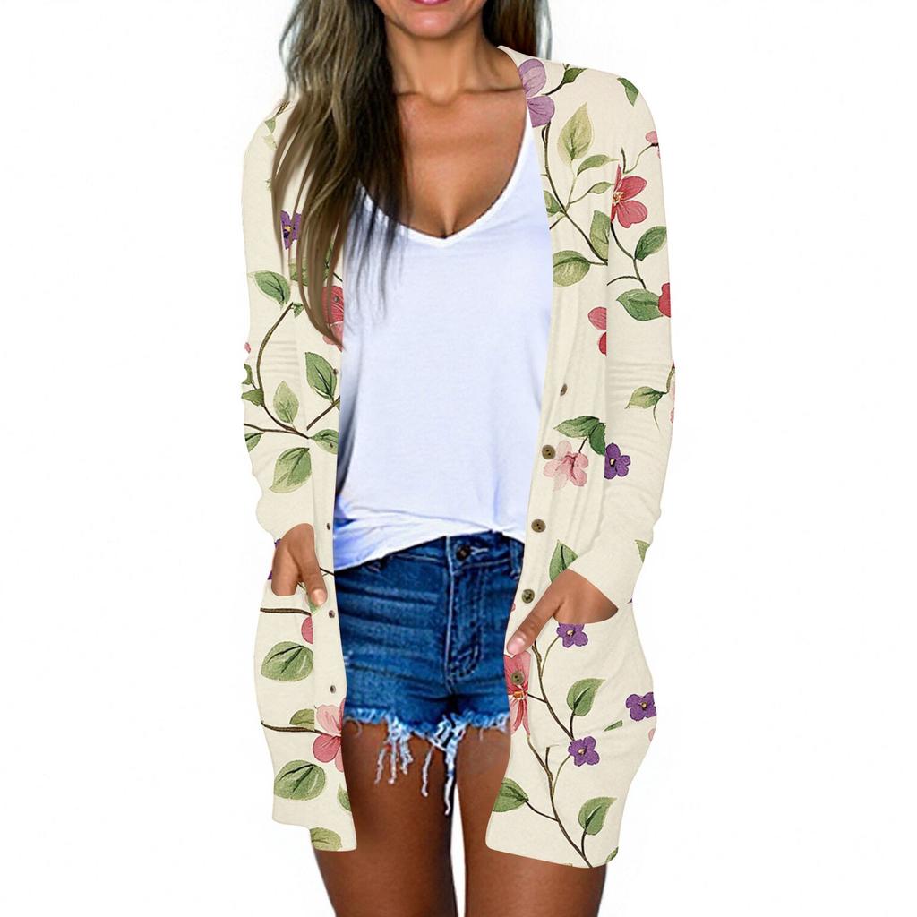 Women's Casual Fashion Floral Print Long Sleeve Mid-Length Cardigan Jacket