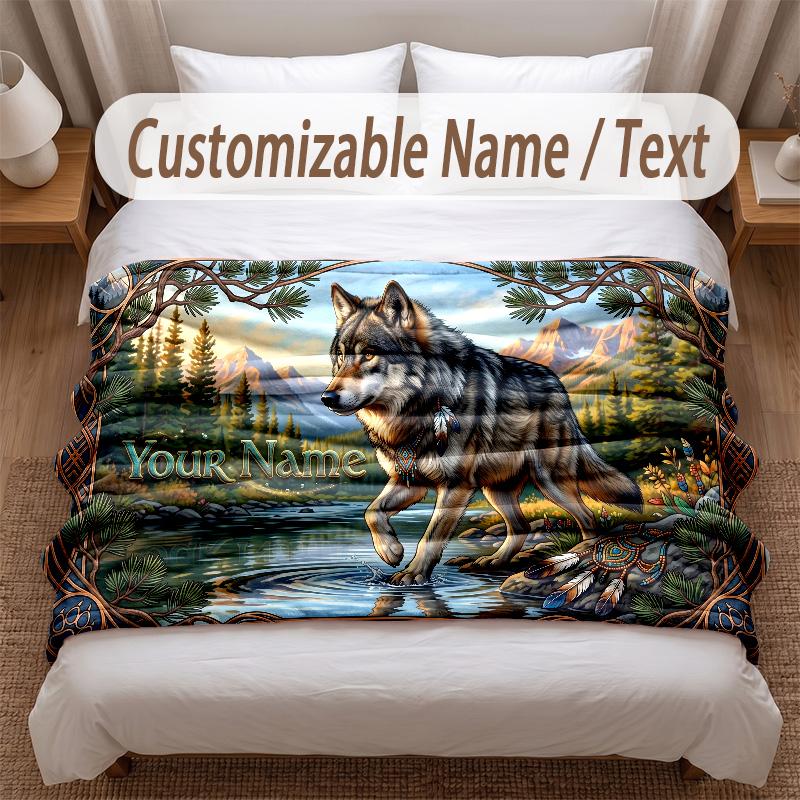 Wolf Theme Soft Blanket Personalized Custom Name Text Print Warm Blanket Home Sofa Bedroom Decor