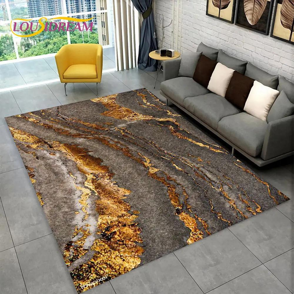 Nordic Blue Golden Colour Marble Geometric Area Rug,Carpet Rug for Living Room Bedroom Sofa Doormat Decor,Kid Non-slip Floor Mat